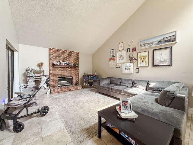 6047 Shore Line Dr, Orlando, FL 32819 - living room with vaulted ceiling, a textured ceiling, and a fireplace