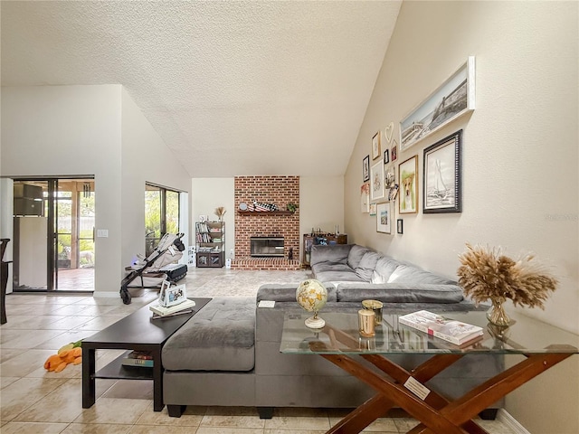 6047 Shore Line Dr, Orlando, FL 32819 - living room featuring lofted ceiling, a brick fireplace, a textured ceiling, baseboards, and light tile patterned floors