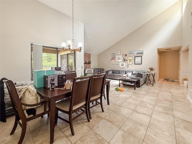 6047 Shore Line Dr, Orlando, FL 32819 - dining room with high vaulted ceiling, a chandelier, a textured ceiling, and light tile patterned floors