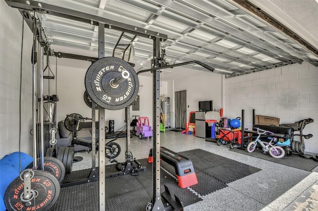 1821 Benevento St, Saint Cloud, FL 34771 - workout area with a garage, concrete block wall, electric panel, and electric water heater