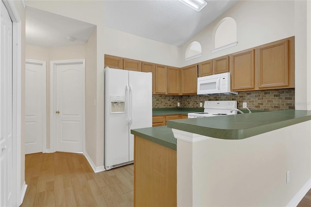 3014 Linmont Ln, Eustis, FL 32726 - kitchen featuring white appliances, light wood-style flooring, and backsplash