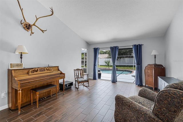 2203 Essex Dr, Ocoee, FL 34761 - living room featuring lofted ceiling, wood finish floors, baseboards, and a textured ceiling
