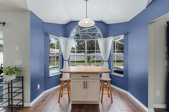 2203 Essex Dr, Ocoee, FL 34761 - dining area featuring dark wood finished floors, a textured ceiling, lofted ceiling, and baseboards