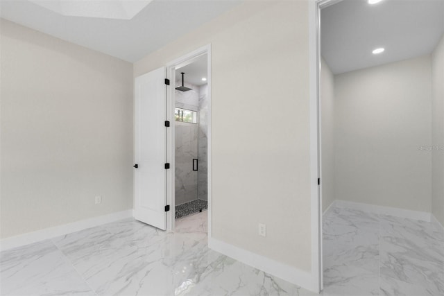 13619 SW 78th Pl, Dunnellon, FL 34432 - unfurnished bedroom featuring marble look tile flooring, recessed lighting, and connected bathroom