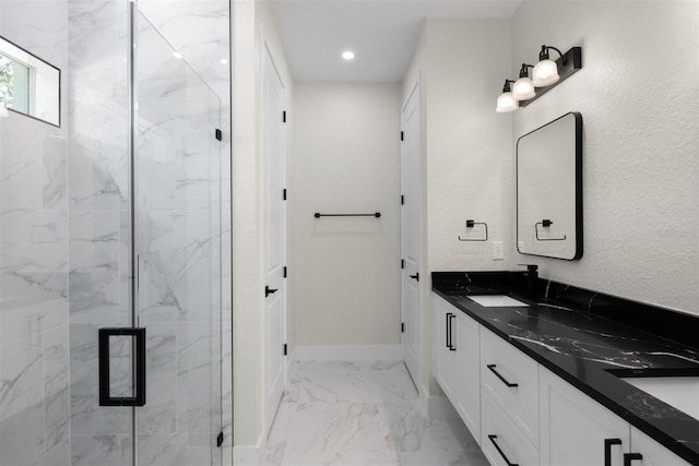 13619 SW 78th Pl, Dunnellon, FL 34432 - full bath with double vanity, marble finish floors, a marble finish shower, and recessed lighting