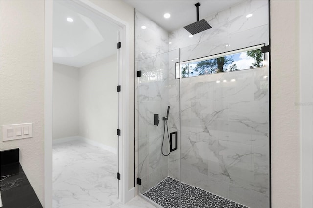 13619 SW 78th Pl, Dunnellon, FL 34432 - full bath featuring a marble finish shower, marble tiled floors, and recessed lighting