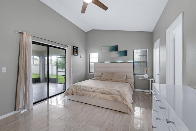 5729 Norman H Cutson Dr, Orlando, FL 32821 - bedroom with lofted ceiling, access to exterior, baseboards, a ceiling fan, and wood finished floors