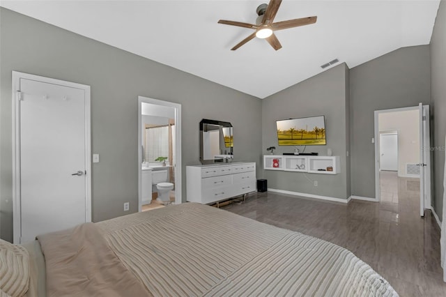 5729 Norman H Cutson Dr, Orlando, FL 32821 - bedroom featuring wood finished floors, ensuite bathroom, baseboards, high vaulted ceiling, and ceiling fan