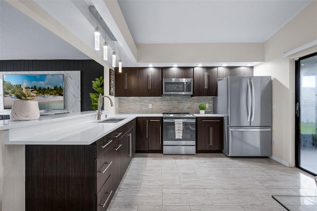 5729 Norman H Cutson Dr, Orlando, FL 32821 - kitchen with appliances with stainless steel finishes, a sink, dark brown cabinetry, backsplash, and light countertops
