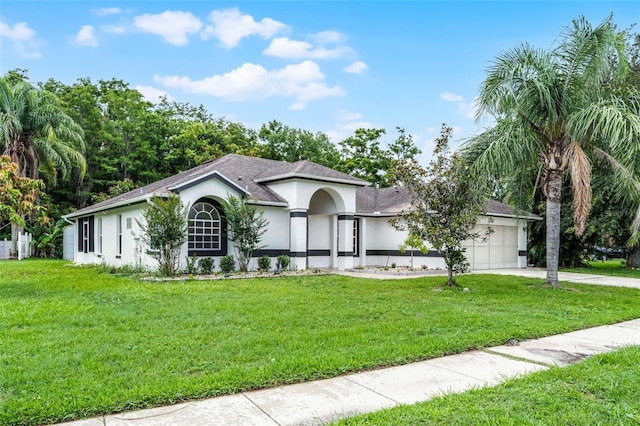 2888 Middleton Cir, Kissimmee, FL 34743 - ranch-style house with stucco siding, an attached garage, concrete driveway, and a front lawn