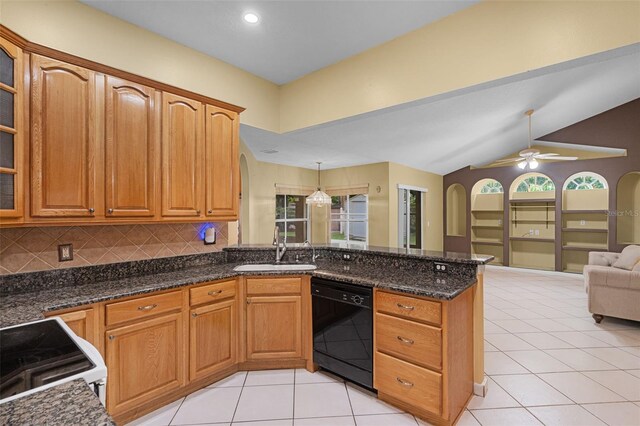2888 Middleton Cir, Kissimmee, FL 34743 - kitchen with dishwasher, a sink, a peninsula, electric range oven, and light tile patterned floors
