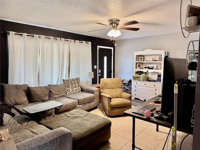 2 Clear Pl, Ocala, FL 34472 - living room featuring a ceiling fan, a textured ceiling, and light tile patterned floors