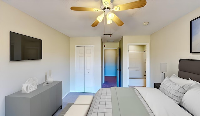 8520 La Isla Dr, Kissimmee, FL 34747 - bedroom with a closet, baseboards, a ceiling fan, and connected bathroom