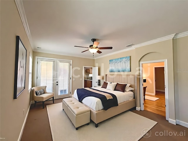 2585 Woodside Ridge Dr, Apopka, FL 32712 - bedroom with baseboards, ornamental molding, access to outside, and a ceiling fan