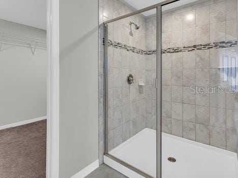 3137 Marine Grass Dr, Wimauma, FL 33598 - full bath with a stall shower, a spacious closet, and baseboards
