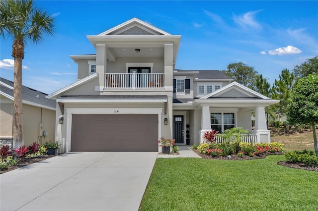 2845 High Pointe St, Clermont, FL 34711 - view of front facade with a balcony, a front lawn, stucco siding, a porch, and concrete driveway