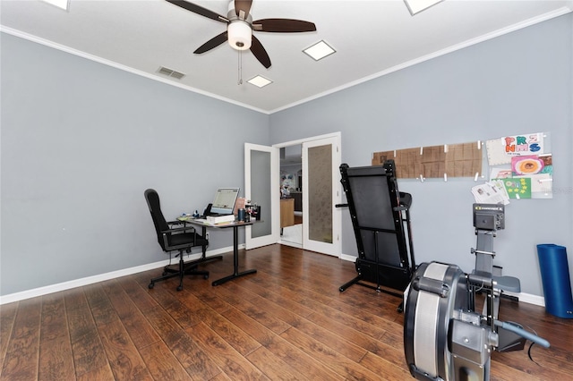 13108 Lakeshore Grove Dr, Winter Garden, FL 34787 - office space featuring a ceiling fan, ornamental molding, wood finished floors, and baseboards