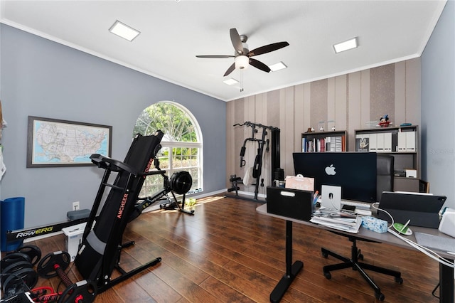 13108 Lakeshore Grove Dr, Winter Garden, FL 34787 - office area featuring ornamental molding, ceiling fan, wood finished floors, and baseboards