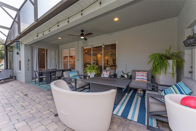 13108 Lakeshore Grove Dr, Winter Garden, FL 34787 - view of patio with a ceiling fan, an outdoor hangout area, a lanai, and outdoor dining area