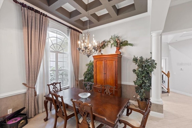 2046 Westover Reserve Blvd, Windermere, FL 34786 - dining space featuring coffered ceiling, ornate columns, beamed ceiling, a chandelier, and ornamental molding