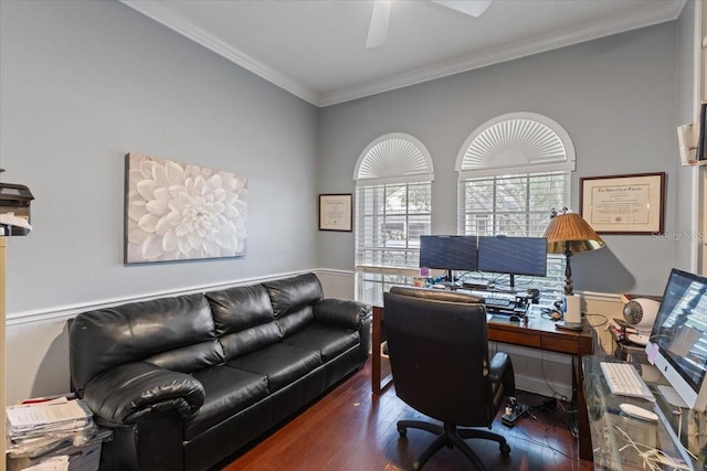 2046 Westover Reserve Blvd, Windermere, FL 34786 - office area with wood finished floors, crown molding, and a ceiling fan