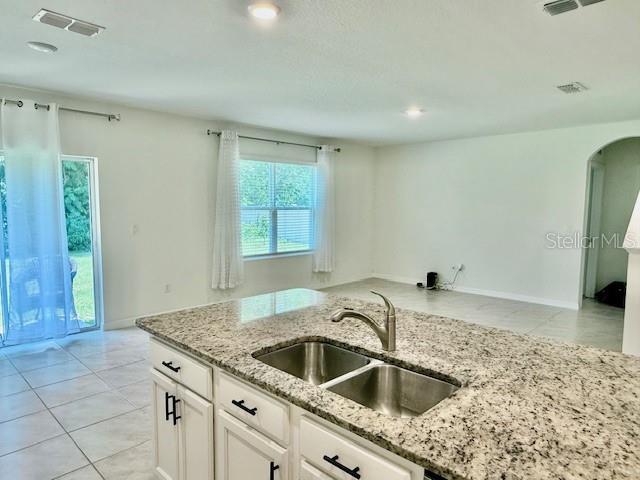 6780 Coral Berry Dr, Mount Dora, FL 32757 - kitchen featuring a sink, light stone counters, white cabinetry, arched walkways, and light tile patterned floors