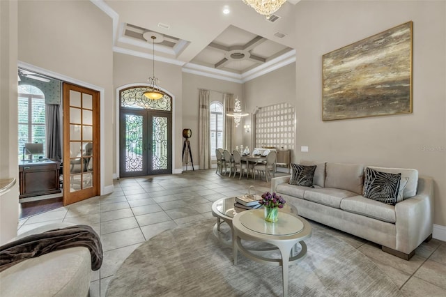 9729 Lake Hugh Dr, Gotha, FL 34734 - living area with a high ceiling, french doors, baseboards, coffered ceiling, and crown molding