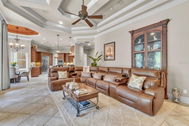 9729 Lake Hugh Dr, Gotha, FL 34734 - living room featuring ornamental molding, a ceiling fan, light tile patterned floors, recessed lighting, and a chandelier
