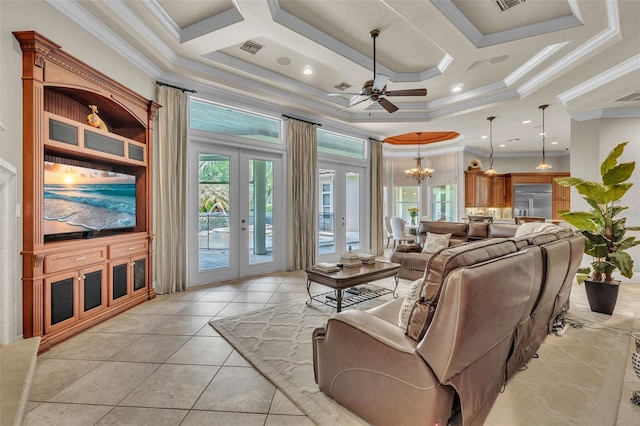 9729 Lake Hugh Dr, Gotha, FL 34734 - living room featuring a ceiling fan, a chandelier, ornamental molding, french doors, and coffered ceiling