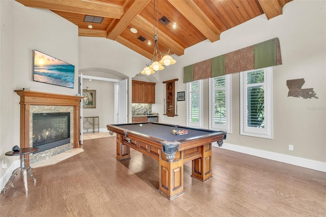 9729 Lake Hugh Dr, Gotha, FL 34734 - playroom featuring light wood-type flooring, pool table, a premium fireplace, wooden ceiling with exposed beams, and baseboards