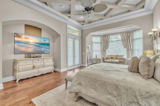 9729 Lake Hugh Dr, Gotha, FL 34734 - bedroom featuring baseboards, multiple windows, light wood-style floors, coffered ceiling, and beam ceiling
