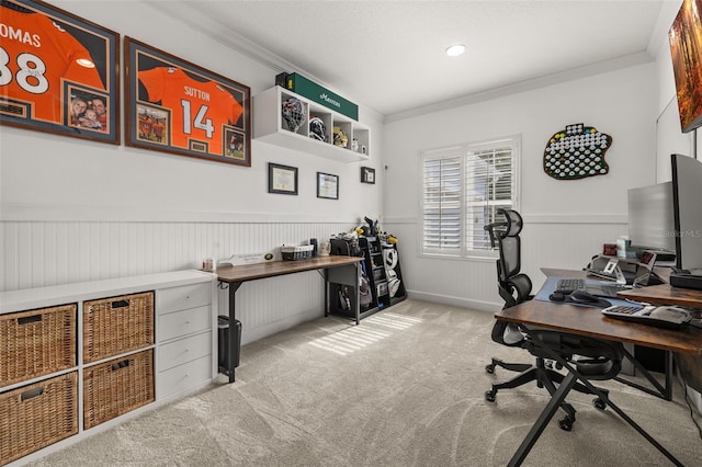 5365 Bowman Dr, Winter Garden, FL 34787 - office area with light carpet, a wainscoted wall, and crown molding