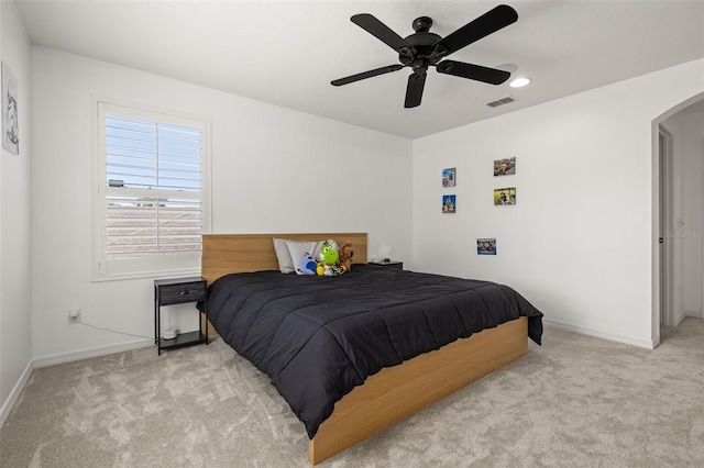 5365 Bowman Dr, Winter Garden, FL 34787 - carpeted bedroom featuring arched walkways, baseboards, a ceiling fan, and recessed lighting