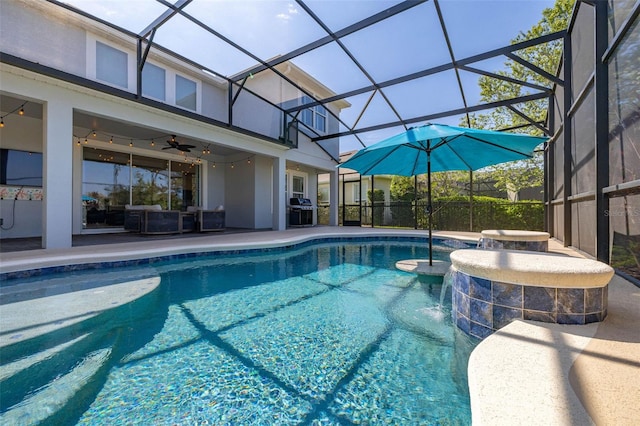 5365 Bowman Dr, Winter Garden, FL 34787 - view of pool with ceiling fan, an outdoor living space, area for grilling, a patio area, and a lanai