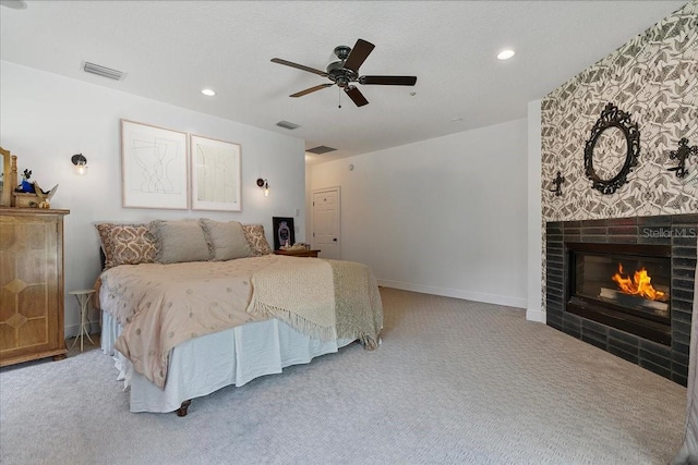 1550 Bluewater Run, Chuluota, FL 32766 - carpeted bedroom featuring recessed lighting, a fireplace, and a ceiling fan
