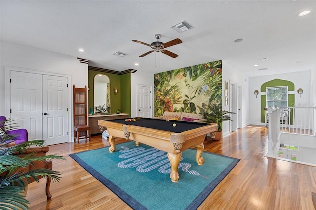1550 Bluewater Run, Chuluota, FL 32766 - game room featuring light wood-style floors, billiards table, a ceiling fan, arched walkways, and recessed lighting