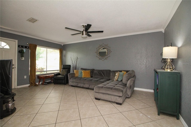 610 Heatherton Vlg Unit 610, Altamonte Springs, FL 32714 - living area featuring a ceiling fan, ornamental molding, baseboards, and light tile patterned floors