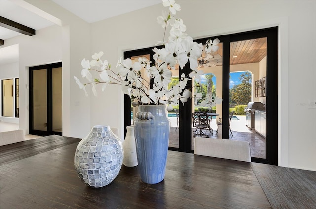 5157 Latrobe Dr, Windermere, FL 34786 - dining space featuring french doors, wood finished floors, and beam ceiling