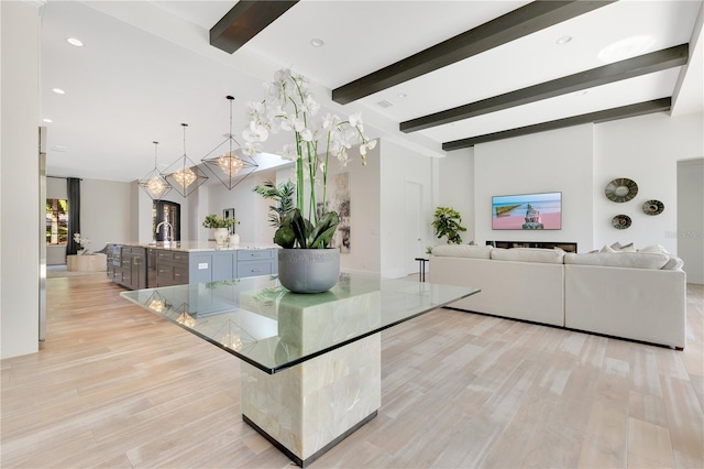 5157 Latrobe Dr, Windermere, FL 34786 - dining space featuring beam ceiling, light wood-style floors, a chandelier, and recessed lighting