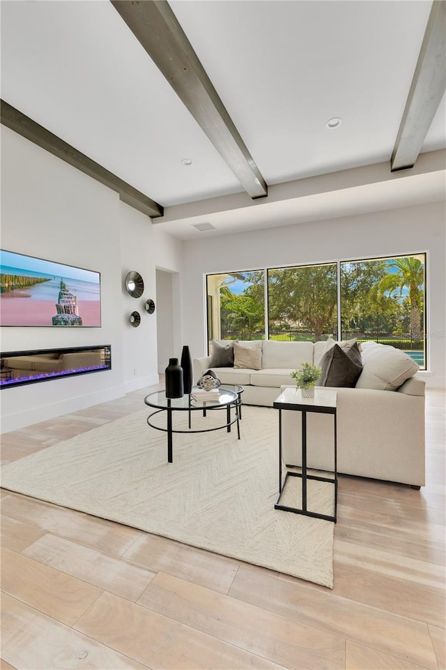 5157 Latrobe Dr, Windermere, FL 34786 - living room featuring beamed ceiling, light wood-type flooring, recessed lighting, and baseboards