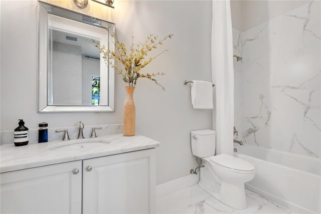 5157 Latrobe Dr, Windermere, FL 34786 - bathroom with toilet, vanity, marble finish floors, shower / washtub combination, and baseboards