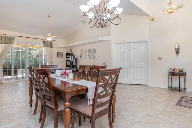 1910 Palm View Dr, Apopka, FL 32712 - dining space with high vaulted ceiling, a chandelier, ceiling fan, and baseboards