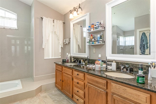 1910 Palm View Dr, Apopka, FL 32712 - full bath featuring tiled shower, double vanity, tile patterned flooring, and a bath