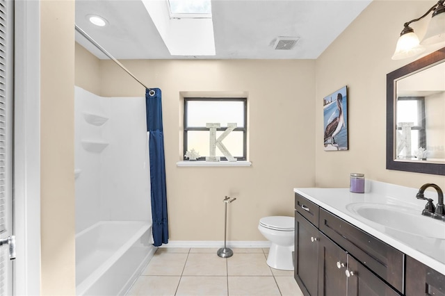 109 Coral Reef Ct N, Palm Coast, FL 32137 - bathroom featuring tile patterned flooring, toilet, vanity, a skylight, and baseboards