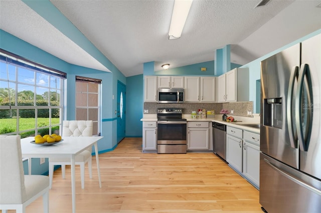 925 S Dean Cir, Deltona, FL 32738 - kitchen with appliances with stainless steel finishes, lofted ceiling, light countertops, tasteful backsplash, and light wood-style flooring