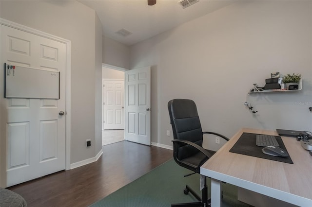 3223 Blazing Star Ln, Harmony, FL 34773 - office area featuring wood finished floors, baseboards, and a ceiling fan
