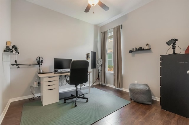 3223 Blazing Star Ln, Harmony, FL 34773 - home office with a ceiling fan, wood finished floors, and baseboards