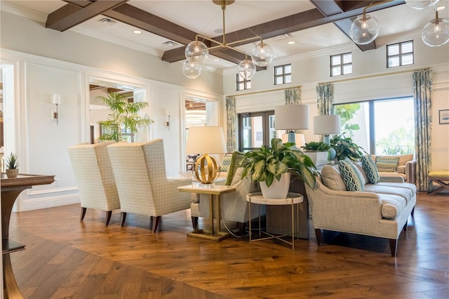 1836 Sandy Park Trl, Kissimmee, FL 34747 - living room with beamed ceiling, coffered ceiling, hardwood / wood-style flooring, crown molding, and recessed lighting