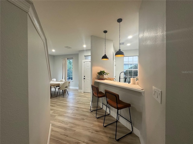 7544 Red Mill Cir, New Port Richey, FL 34653 - kitchen featuring a kitchen breakfast bar, light wood finished floors, plenty of natural light, recessed lighting, and hanging light fixtures