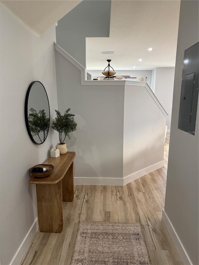 7544 Red Mill Cir, New Port Richey, FL 34653 - corridor with electric panel, wood finished floors, baseboards, and an upstairs landing